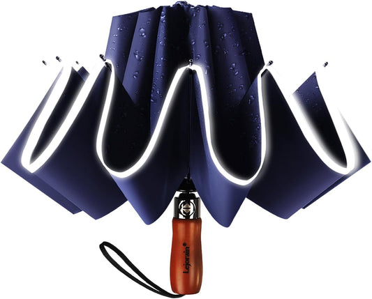 Lejorain Golf Large Inverted Umbrella - Black Big Windproof Heavy Duty Upside Down 46/50/54 Inch Compact Reverse Car Automatic Folding Reflective Umbrella