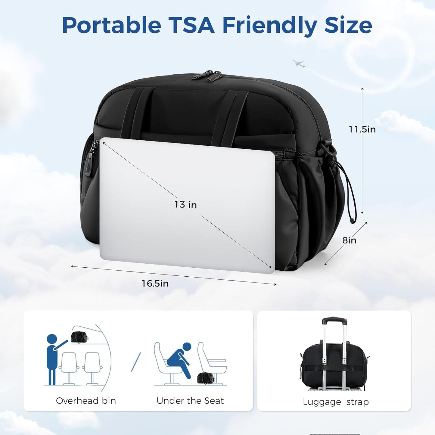 Gym Bag for Women, Puffer Travel Duffle Bag With Shoes Compartment & Wet Pocket, Carry On Tote Bag For Weekender, Overnight, Sport (Black)