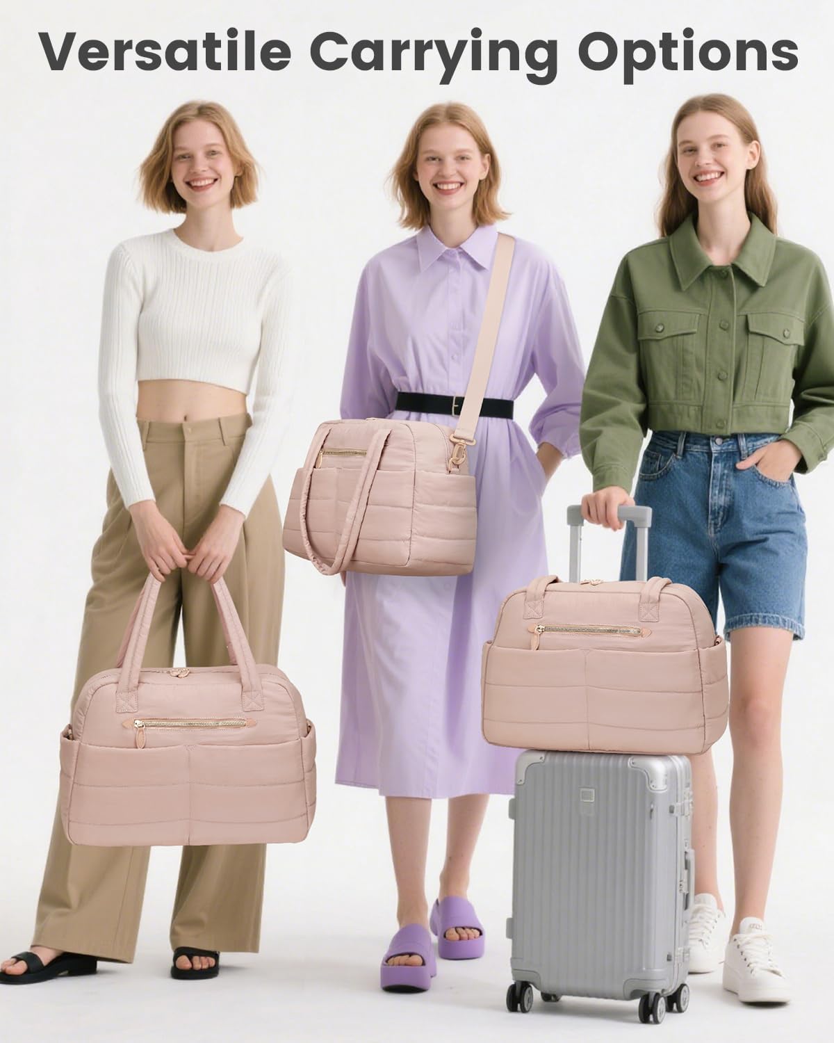 Travel Duffle Bag,Puffer Carry On Duffel Bag with Laptop Compartment Waterproof Overnight Weekender Bags for Women Large Hospital Tote Bags for Labor and Delivery(Large,Pink)