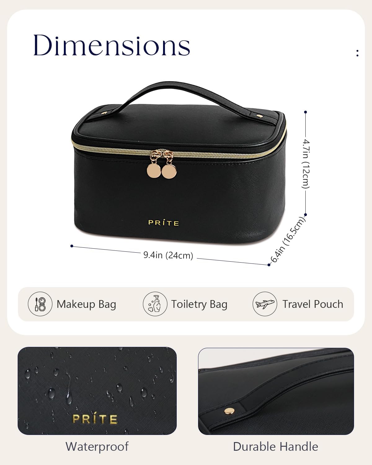 Prite Makeup Bag Portable Cosmetic Organizer with Brush Holder Waterproof Travel Toiletry Bag for Women with Handle and Divider (Black)