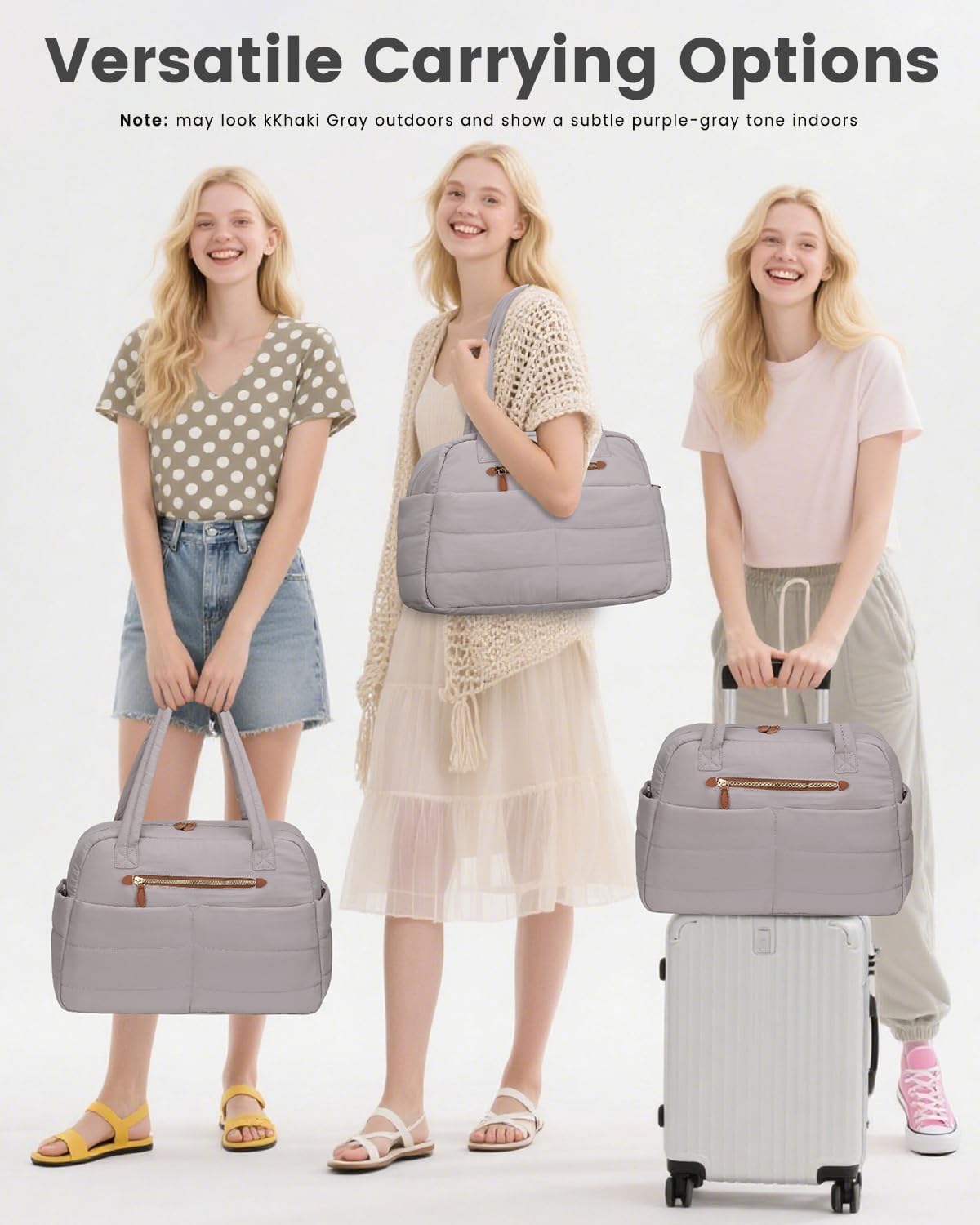 Travel Duffle Bag,Puffer Carry On Duffel Bag with Laptop Compartment Waterproof Overnight Weekender Bags for Women Large Hospital Tote Bags for Labor and Delivery(Medium,Khaki Gray）