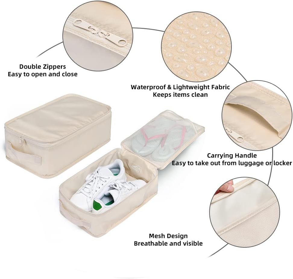 Travel Shoe Bags, Foldable Waterproof Shoe Pouches Organizer-Double Layer (4 Cream Shoe Bag)
