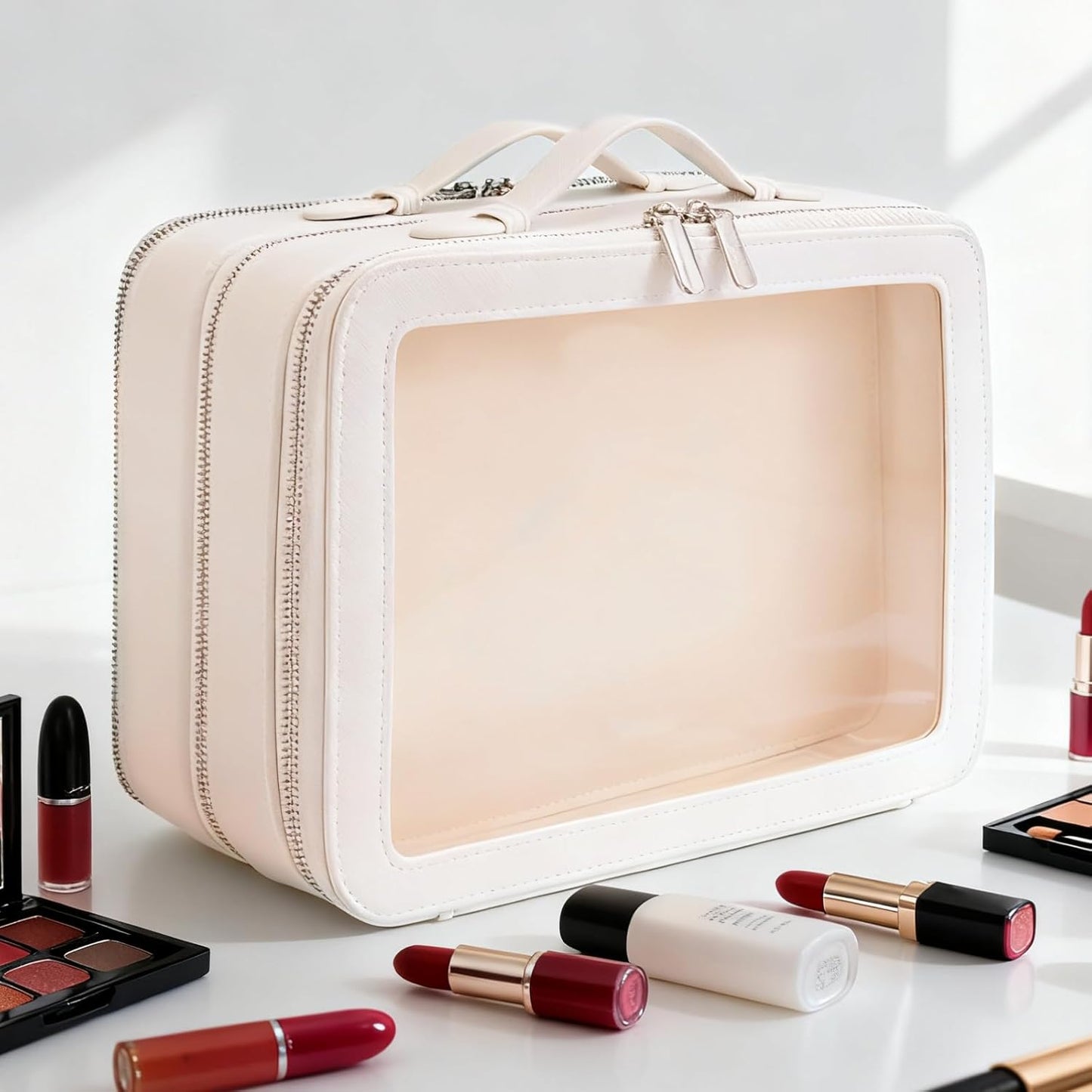 Clear Makeup Bag,Large Toiletry Case for Women,PU Leather Travel Cosmetic Bag,Detachable Makeup Case,Double Compartment Make up Organizer
