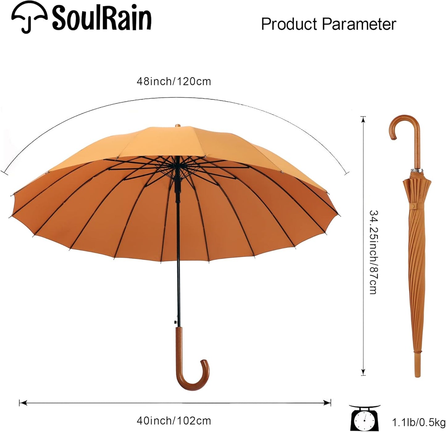 SoulRain 16 Ribs 48" Stick Umbrella Auto Open Solid Color Fashionable and Simple，Arc Classic Wood Handle，Windproof Unbreakable Stick Rain Umbrella