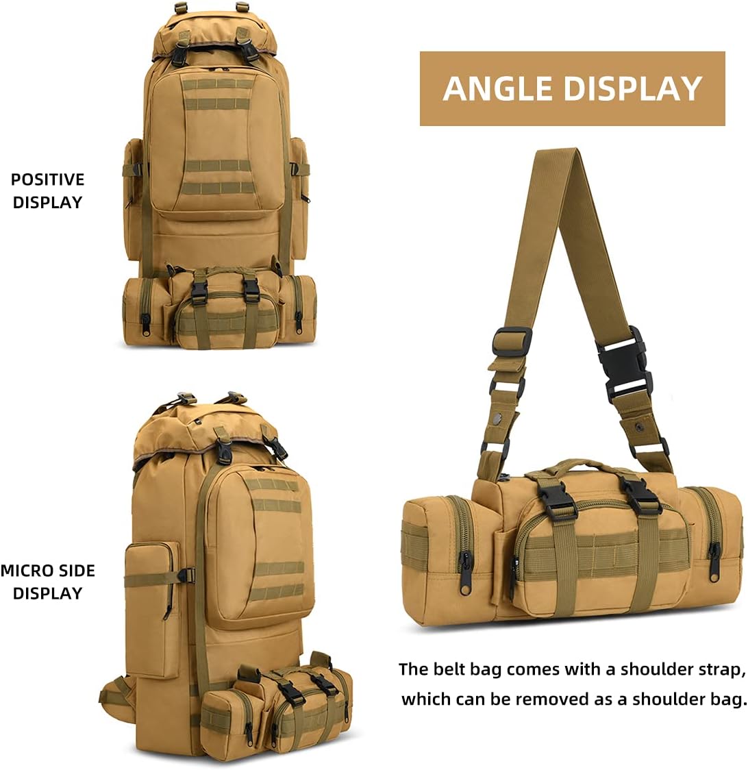 100L Camping Hiking Backpack,Molle military Tactical rucksack backpack,Waterproof Lightweight Hiking Backpack (Khaki-C)