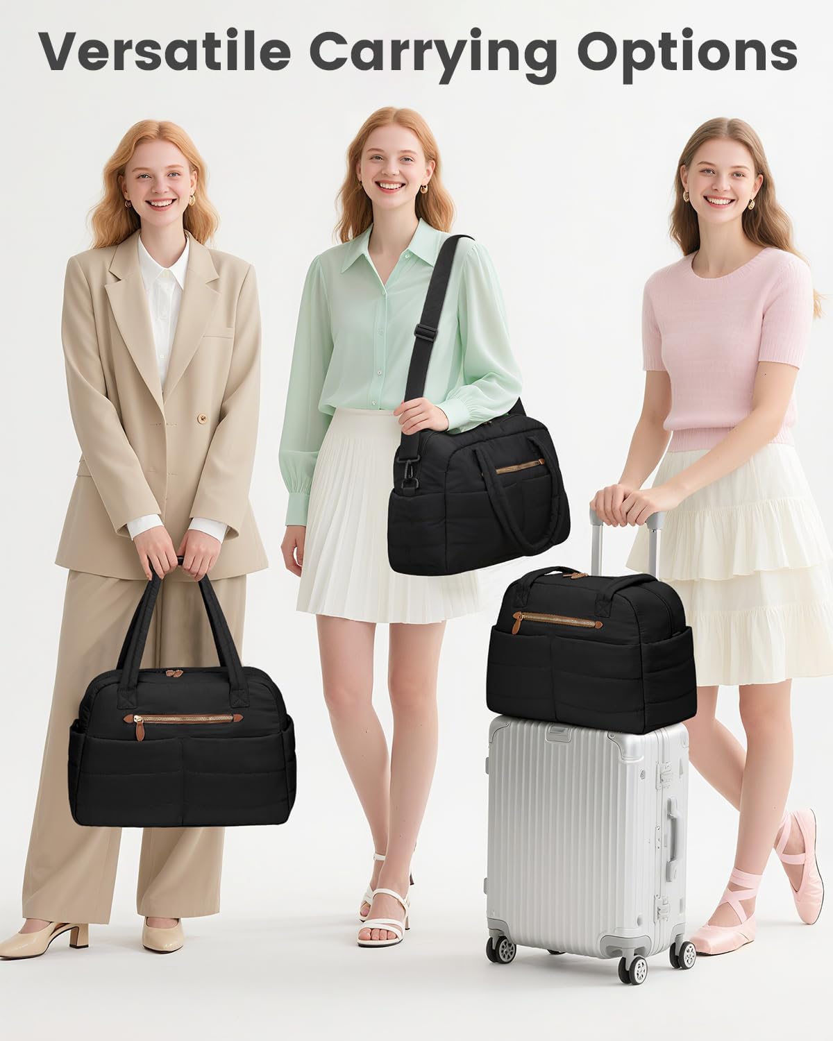 Travel Duffle Bag,Puffer Carry On Duffel Bag with Laptop Compartment Waterproof Overnight Weekender Bags for Women Large Hospital Tote Bags for Labor and Delivery(Medium,Black)