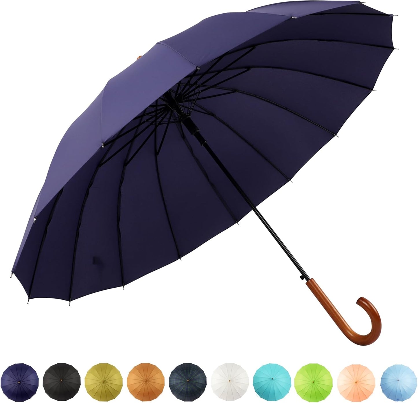 SoulRain 16 Ribs 48" Stick Umbrella Auto Open Solid Color Fashionable and Simple，Arc Classic Wood Handle，Windproof Unbreakable Stick Rain Umbrella
