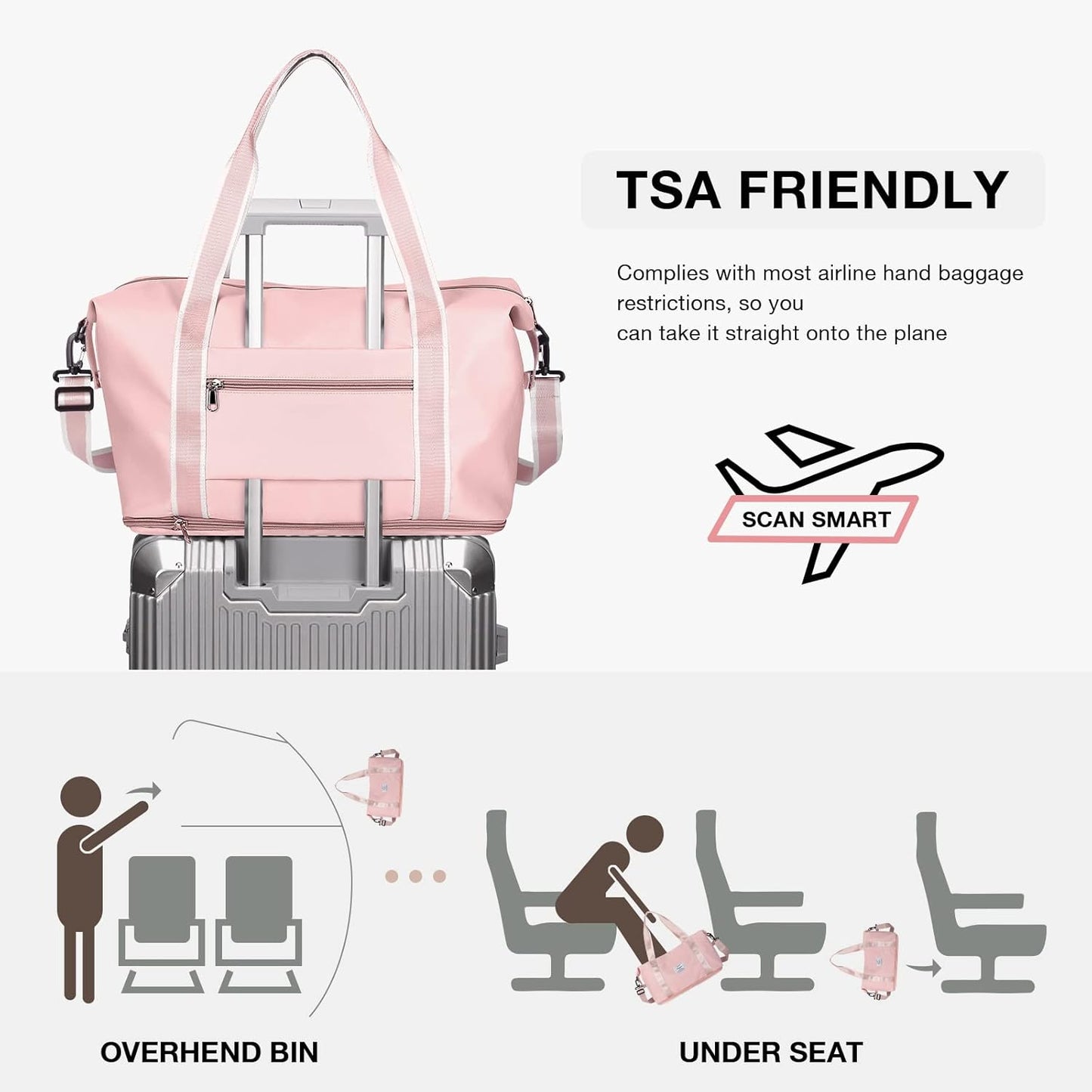 Travel Duffel Bag, Sports Tote Gym Bag, Shoulder Weekender Overnight Bag for Women