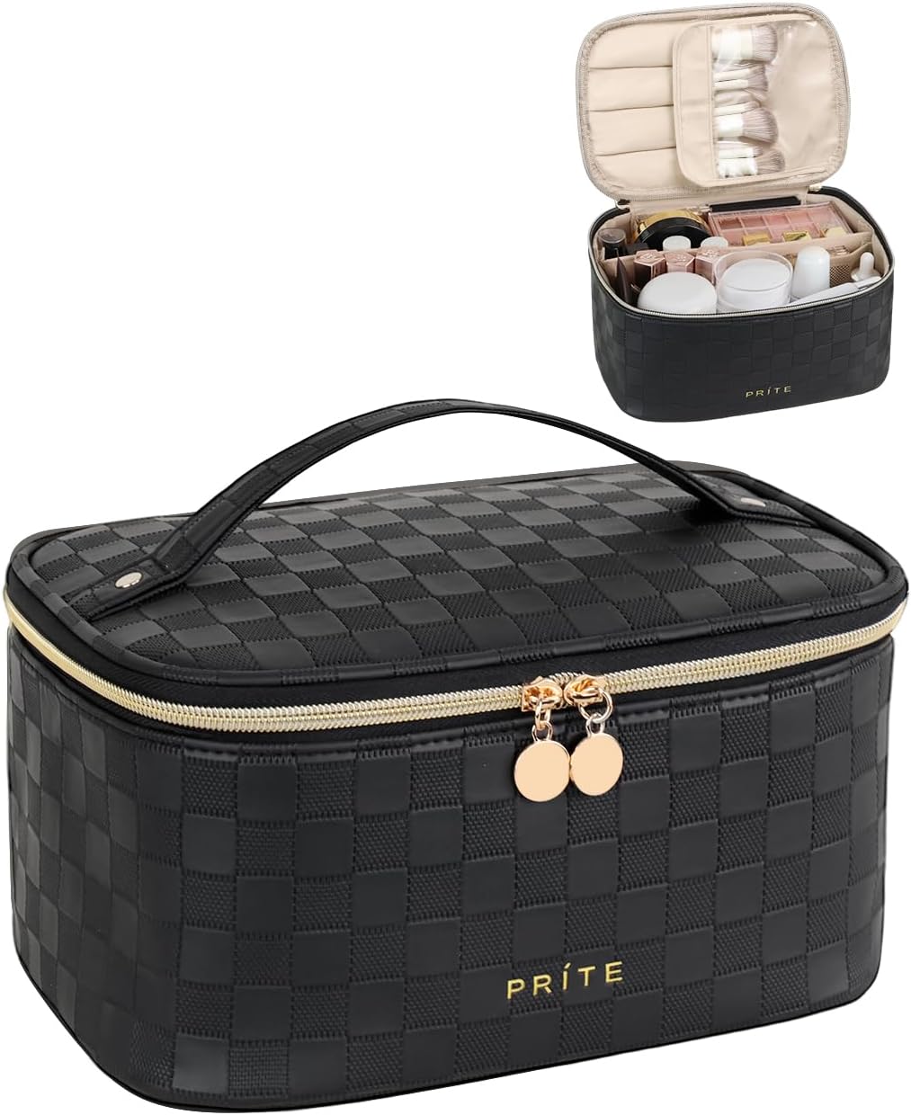 Prite Makeup Bag Portable Cosmetic Organizer with Brush Holder Waterproof Travel Toiletry Bag for Women with Handle and Divider (Checkered Black)