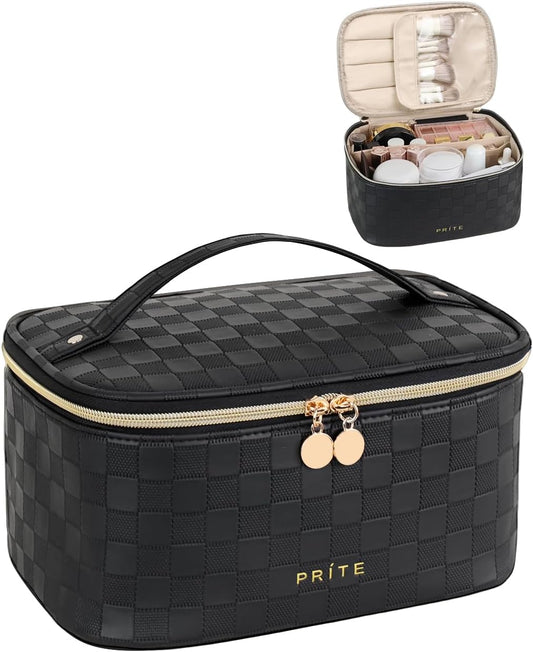Prite Makeup Bag Portable Cosmetic Organizer with Brush Holder Waterproof Travel Toiletry Bag for Women with Handle and Divider (Checkered Black)