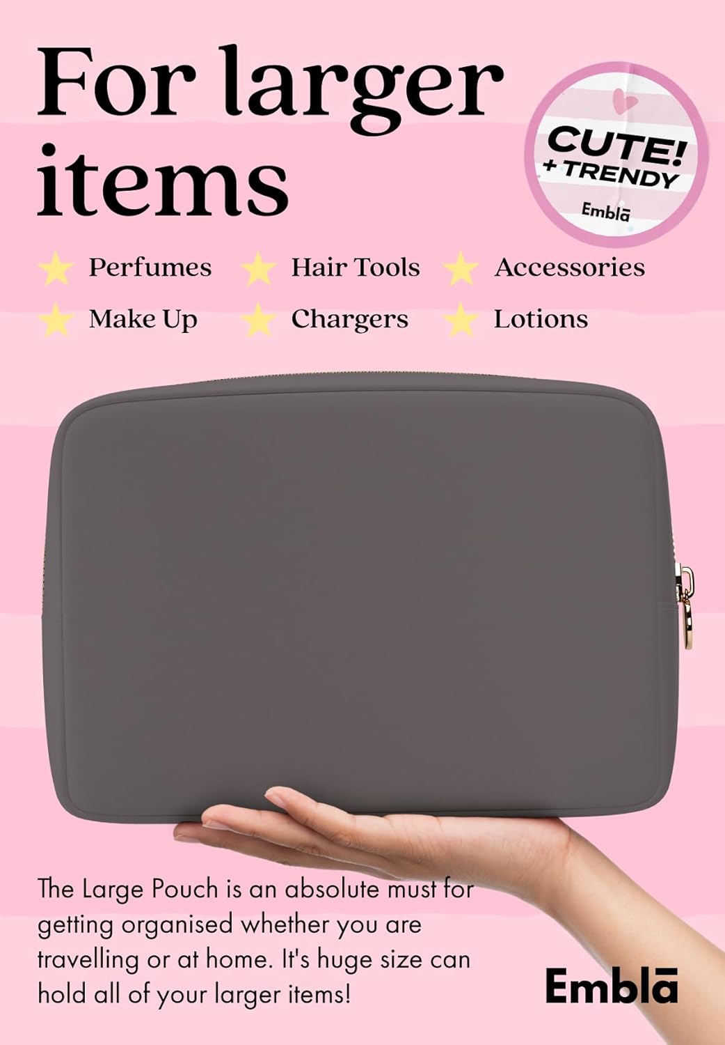 Embla Makeup Bag Travel Cosmetics Pouch and Toiletry Bag, Nylon Zipper Pouch Purse, Cute Make Up Organizer Storage Tote for Women Girls, Waterproof Travel Skincare Case, Large Makeup Bags, Grey