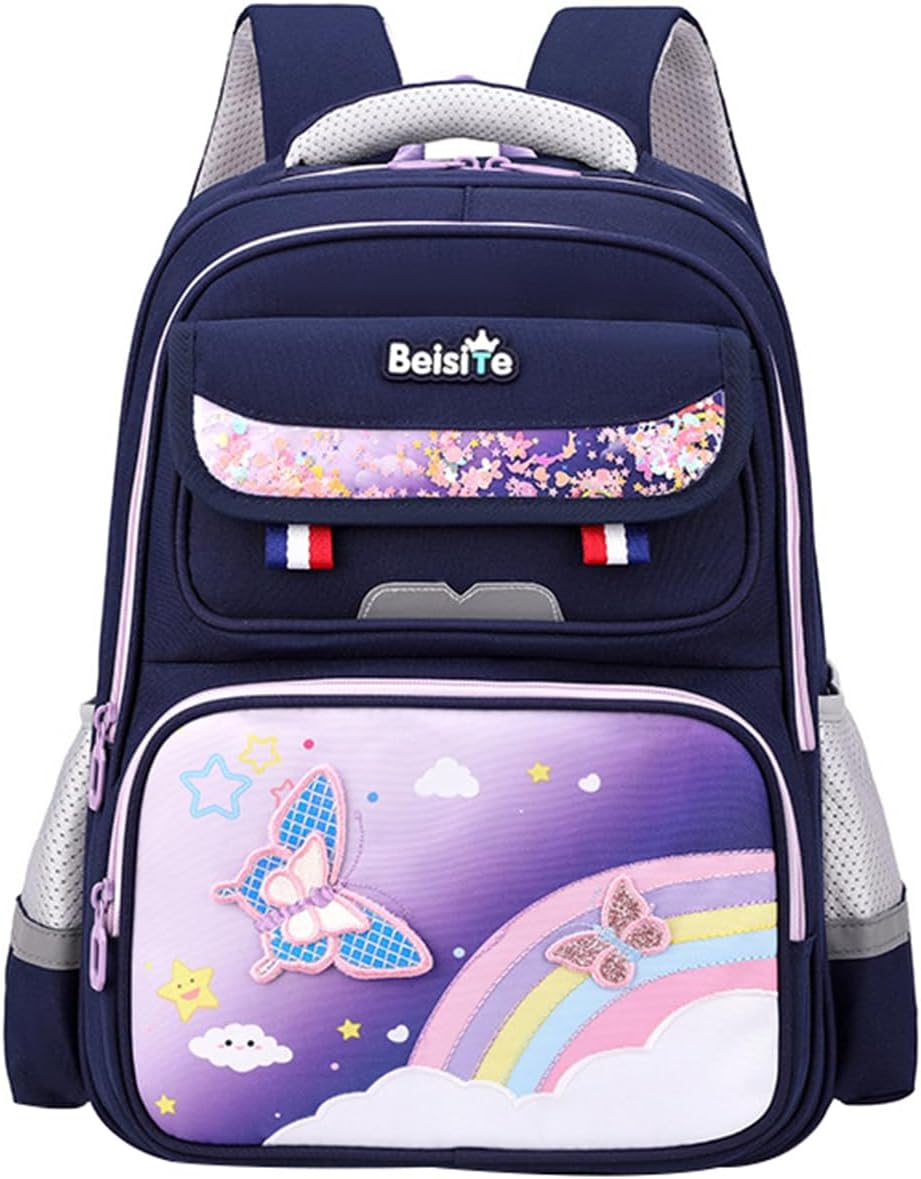 JiaYou Unisex Child Backpack Multi Layer Primary School Daypack with Detachable waist belt(Blue Purple,17 Liters)