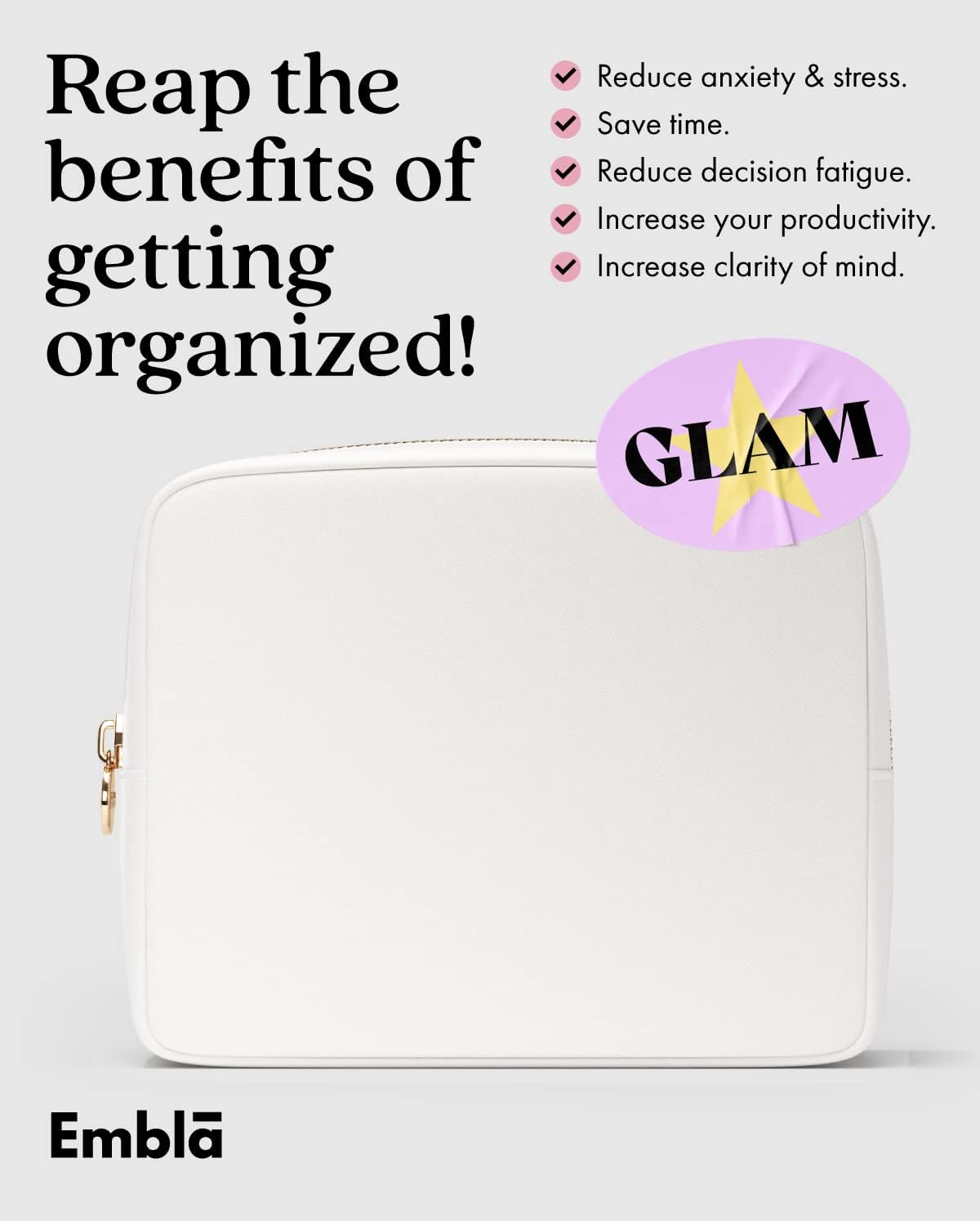 Embla Makeup Bag Travel Cosmetics Pouch and Toiletry Bag, Nylon Zipper Pouch Purse, Cute Make Up Organizer Storage Tote for Women Girls, Waterproof Travel Skincare Case, Large Makeup Bags, White