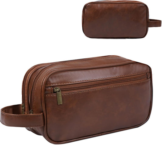 Mens travel toiletry bag, Gift For Men，PU Leather Water Resistant Cosmetic Bag Pouch Dopp Kit Shaving Bag with Large Capacity for Toiletries Accessories(Brown)