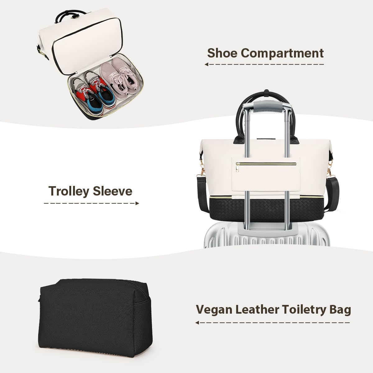 Leather Weekender Bags for Women, Travel Duffel Bag PU Overnight Bag Carry On Tote Bag with Shoe Compartment Wet Pocket