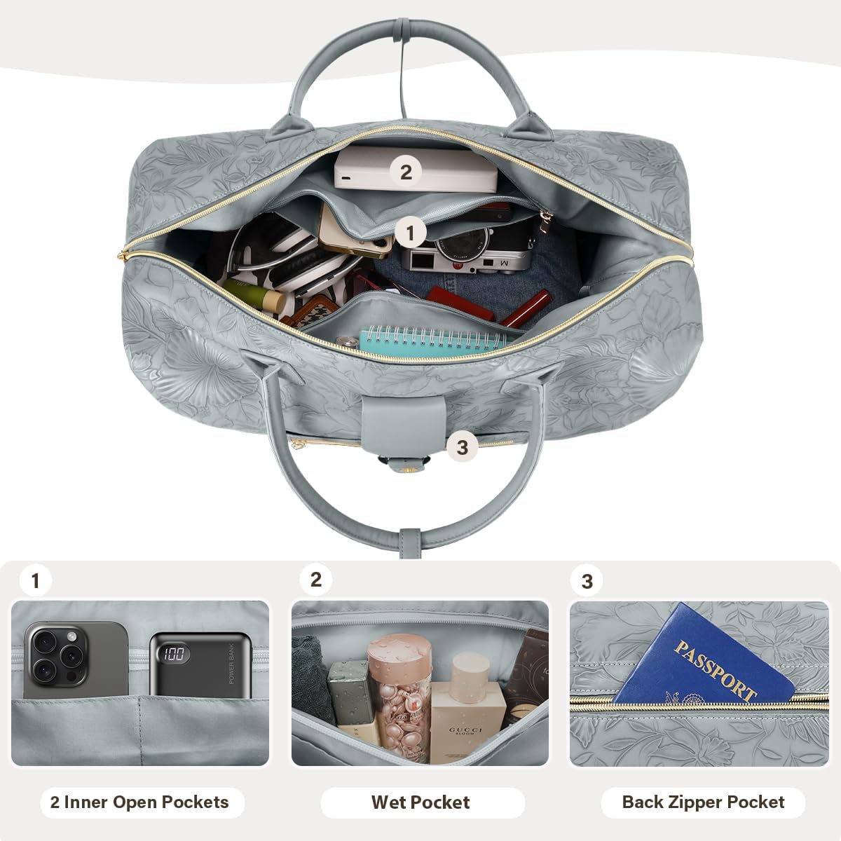 Leather Weekender Bags for Women, Travel Duffel Bag PU Overnight Bag Carry On Tote Bag with Shoe Compartment Wet Pocket