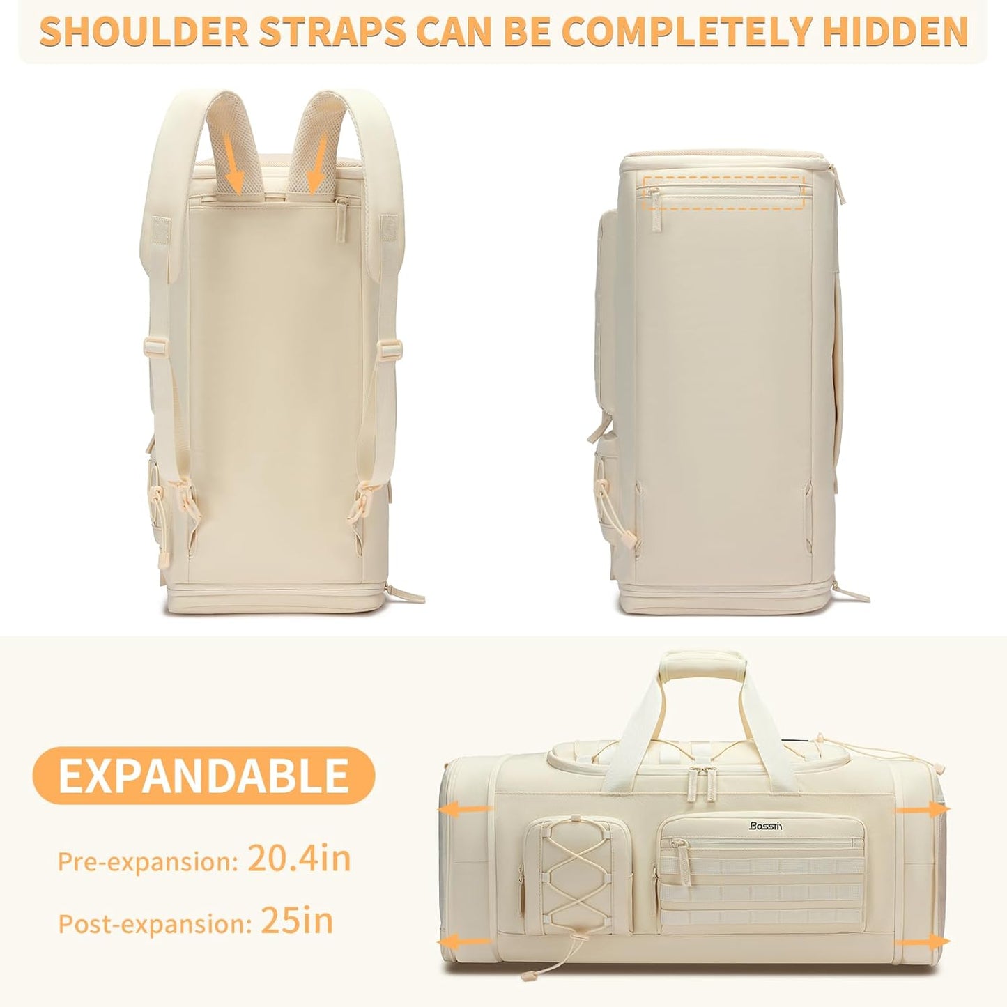 Bosstin Gym Bag for Women & Men, 45L Travel Duffle Sports Duffel Bag Gym Weekender Overnight Backpack with Shoe Compartment (4Beige)