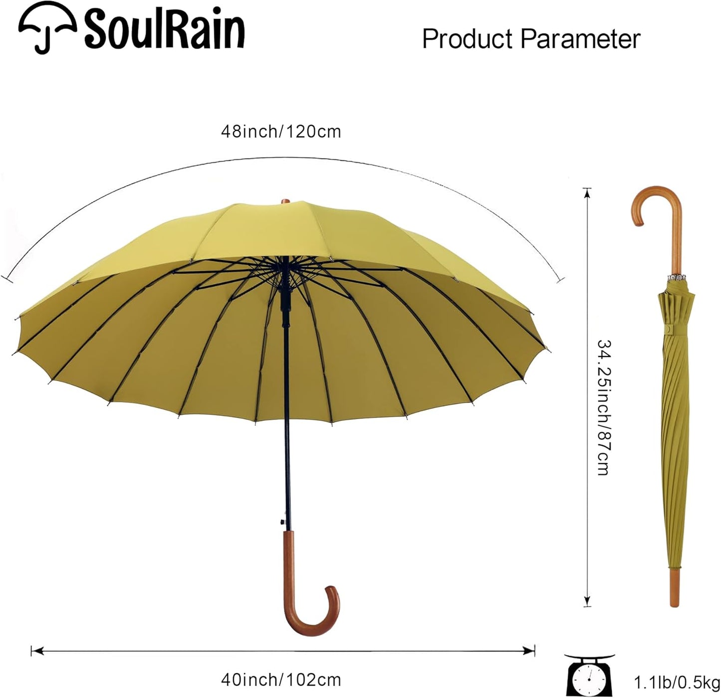 SoulRain 16 Ribs 48" Stick Umbrella Auto Open Solid Color Fashionable and Simple，Arc Classic Wood Handle，Windproof Unbreakable Stick Rain Umbrella