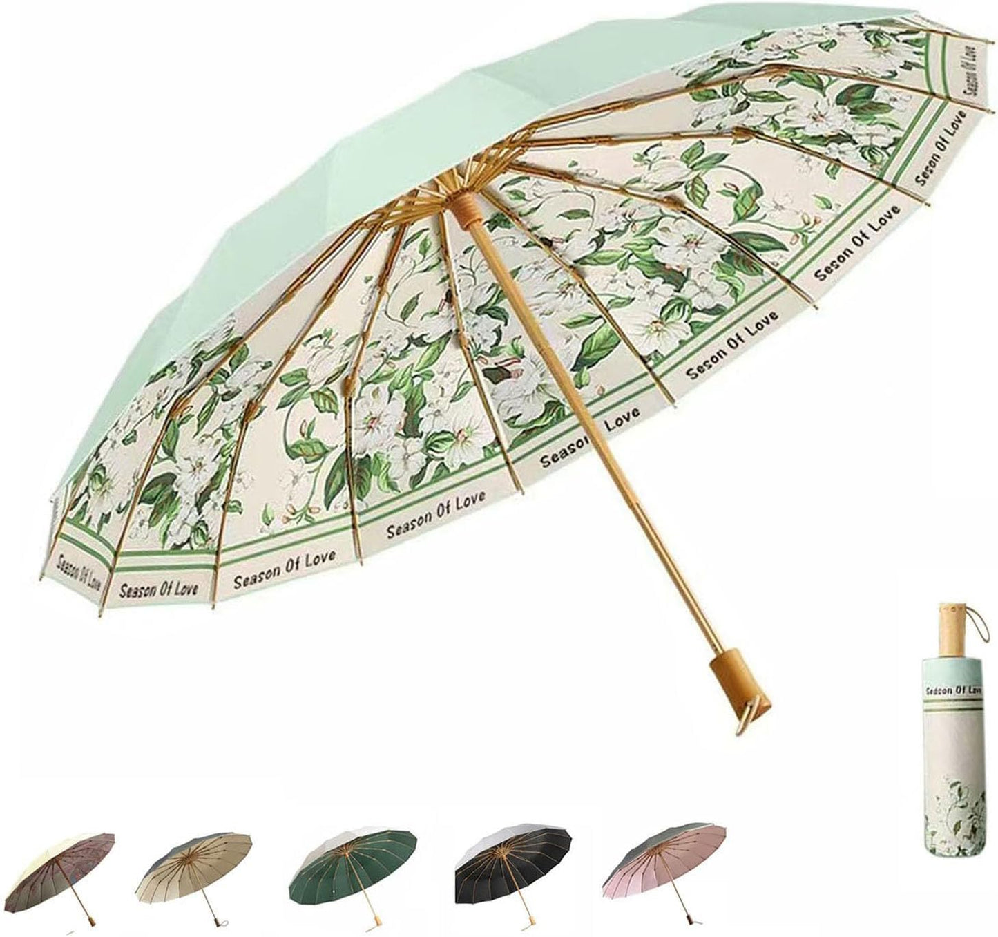 Folding umbrella for rain and sun UPF 50+ UV Protection Windproof waterproofing and Strong Travel Essentials for Men Womens Umbrella 16 Ribs Wooden Handle Flower Travel Umbrella Compact