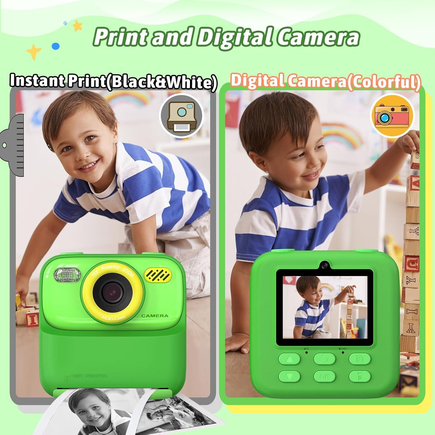 Kids Instant Digital Cameras for Boys and Girls, 1080P HD Dual-Lens Selfie Digital Camera with Print Paper & 32G Card, Christmas Birthday Gifts Toys for Toddler and Teenagers Age 3-16 Years Old