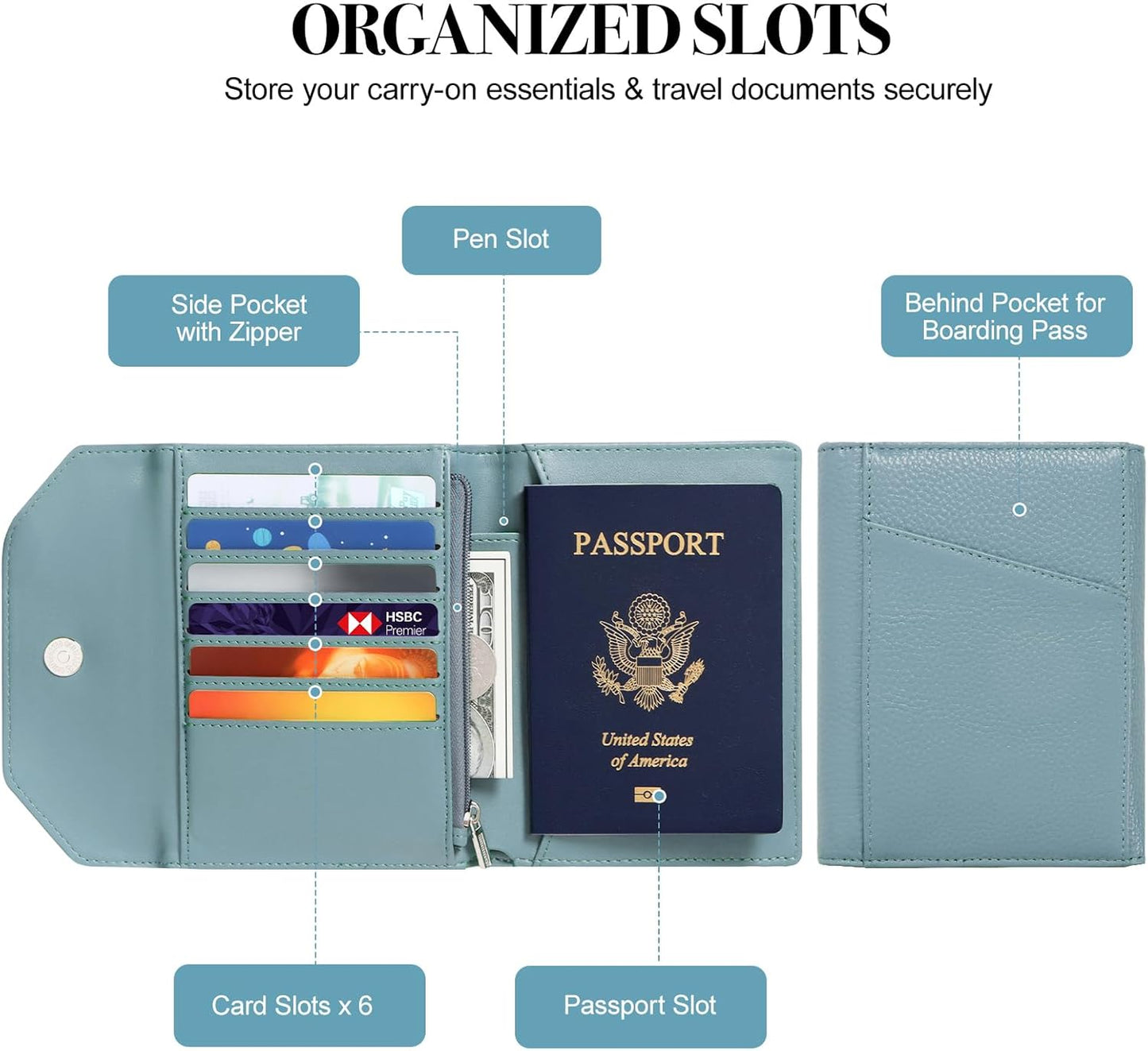 Leather Passport Holder for Travel,Rfid Passport Holder Protect Your Card Security,Passport Book Holder for Men Women,Travel Wallet with Cards & Pen Slot,Boarding Pass,Zipper Cash Pocket (Blue)