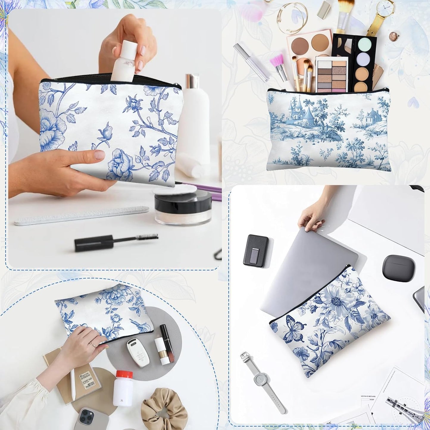 16 Pcs Floral Cosmetic Bags Bulk for Women Blue and White Floral Makeup Bags Chinoiserie Canvas Travel Zipper Pouches Aesthetic Toiletry Bag for Girls Women Bridesmaids Wedding Supplies