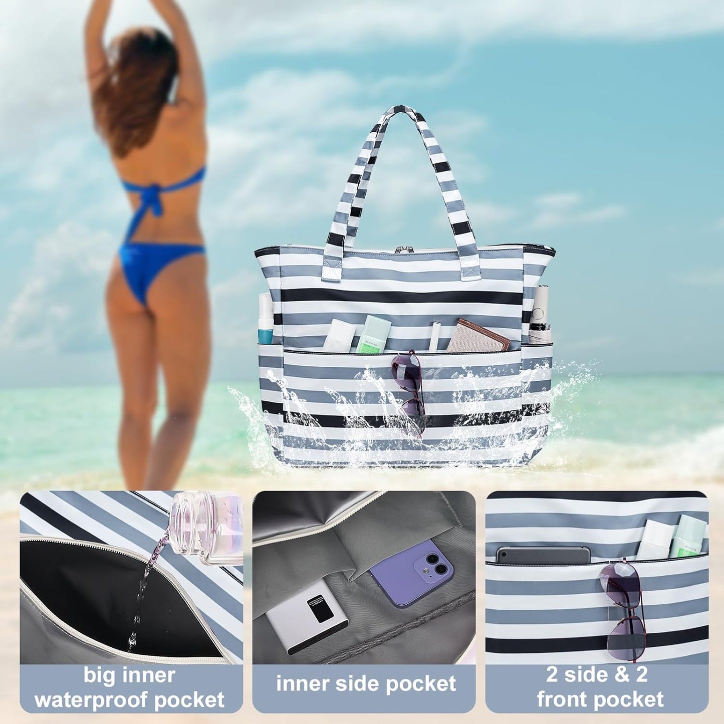 LEDAOU Beach Bag Waterproof Sandproof Women Tote Bag Pool Bag with Zipper for Gym Grocery Travel with Wet Pocket