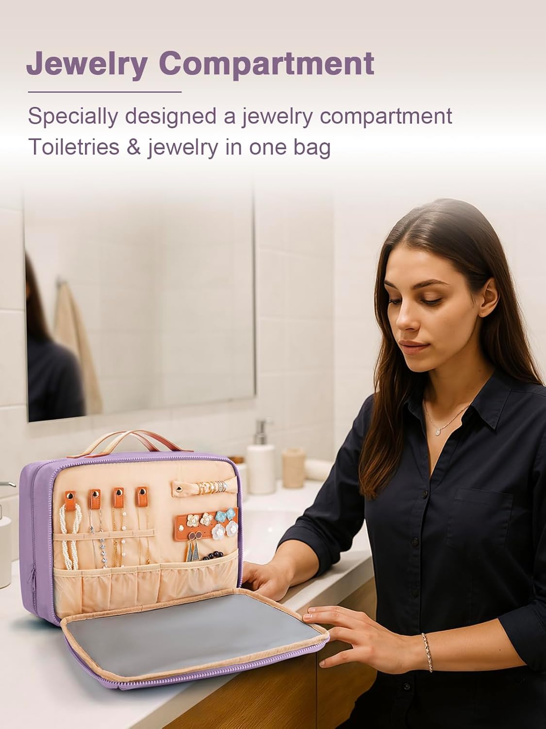 Women's Hanging Toiletry Bag, Waterproof Travel Cosmetic Organizer with Jewelry Storage, Large Capacity Makeup Case for Full-Size Skincare & Bathroom Essentials, Portable Cosmetic kit, Purple