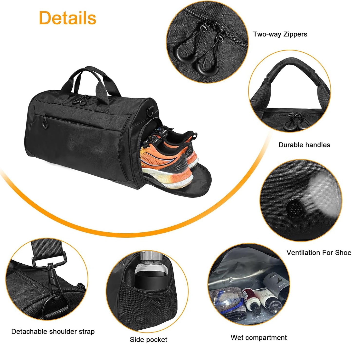 Gym Bag for Men & Women with Shoulder Strap, Shoe and Wet Compartment, Lightweight Duffle Bag, Durable Athletic Bag, Perfect for Travel, Fitness, Workout, Swimming, Yoga (Medium (22"))