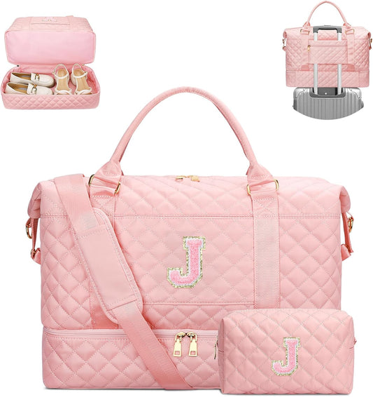Gifts for Women Girls Initial Travel Duffle Bag Quilted Weekender Carry-On Overnight with Cosmetic Bag, Gym Bag with Shoe Compartment Hospital Bag for Labor Delivery, Pink J