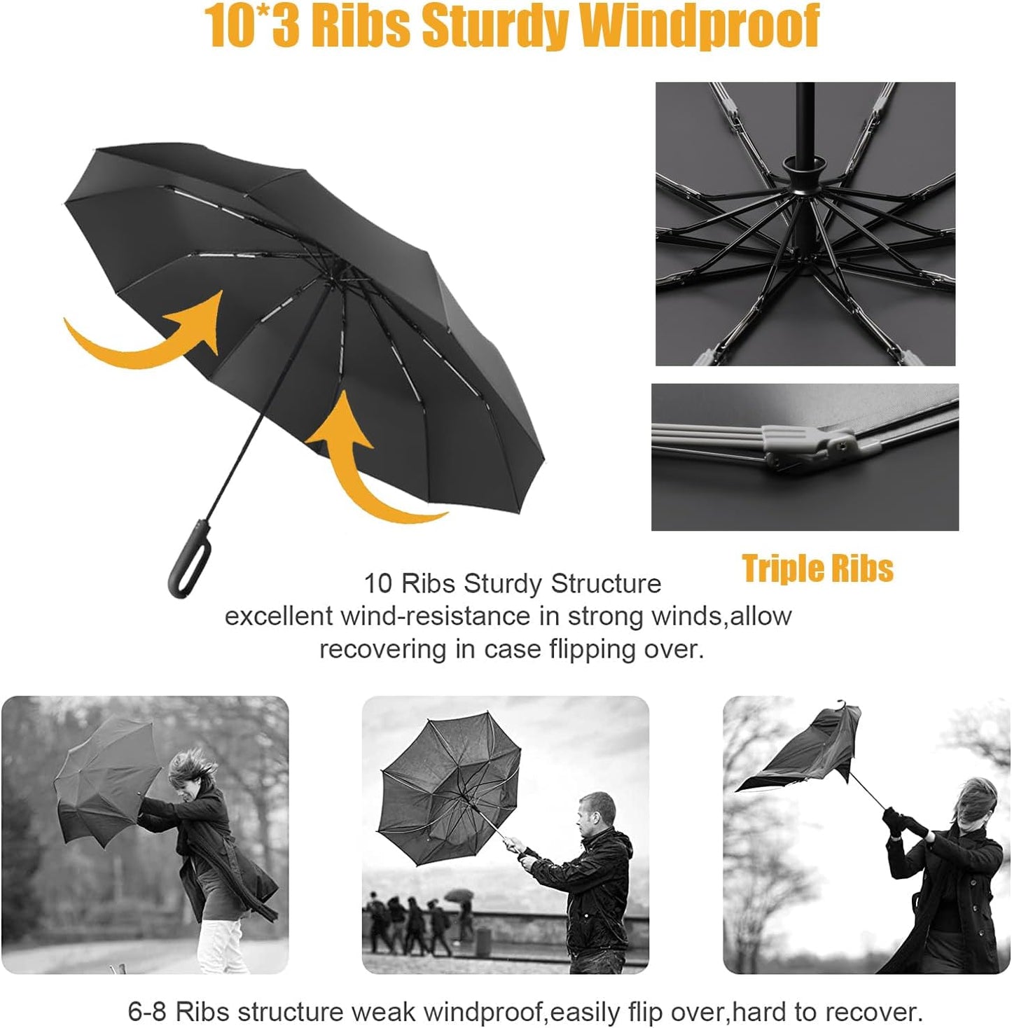 Travel Folding Golf Umbrella 10 Ribs Automatic Open/Close,Lightweight Compact Portable Backpack Car Parasol Outdoor,Sun/Rain,Anti 99 UV Protection UPF 50,Men Women Carabiner Handle Design