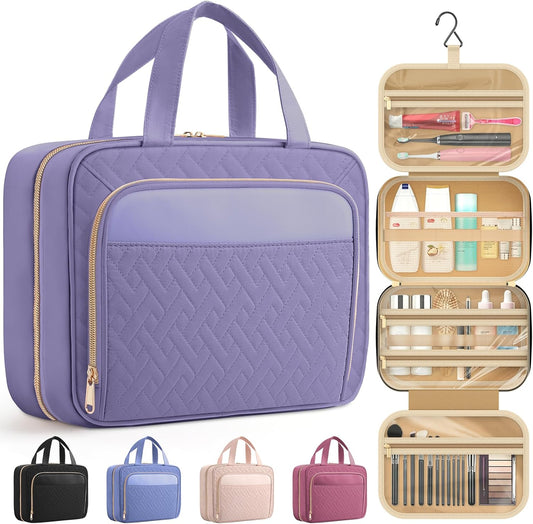 HOTOR Travel Toiletry Bag for Women & Men, Waterproof Makeup Bag with Hanging Hook and Multiple Pockets, Cosmetic Bags for Women, Travel Essentials, 11.2'' x 3.2'' x 8.9'', Light Purple
