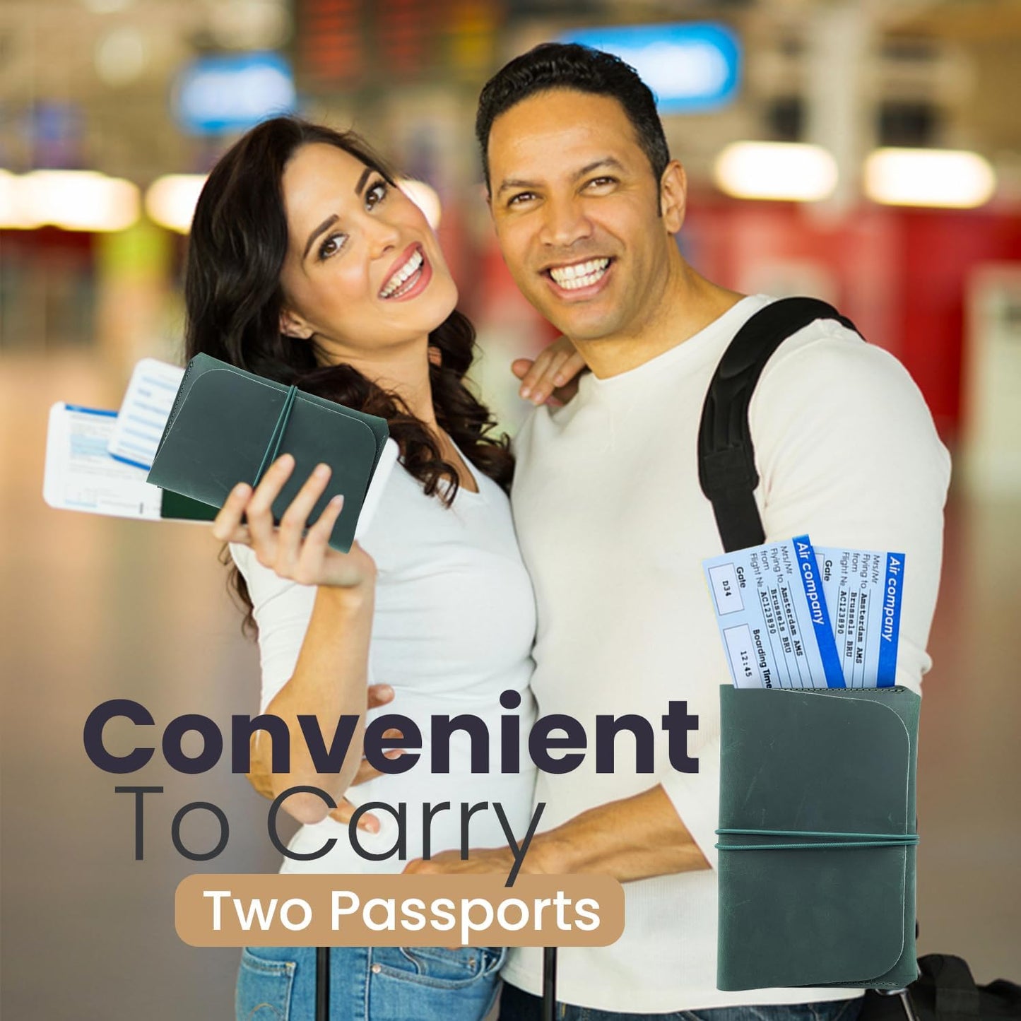 Leather Passport Holder with Travel Wallet, Genuine Leather Passport Cover- Passport Wallet, Leather Folding Wallet for Passports (Strap, Green)