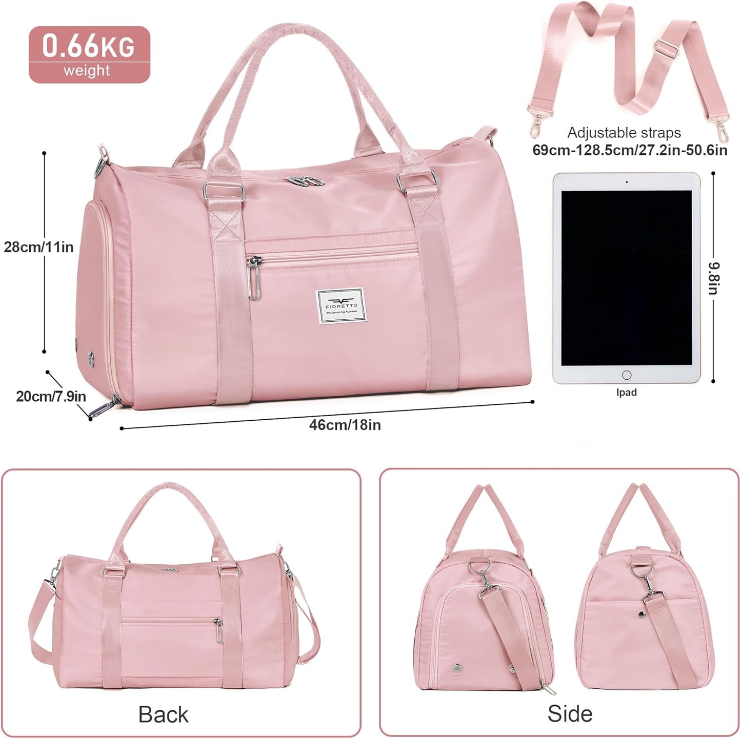 FIORETTO Womens Gym Tote Duffle Bag with Wet Pocket & Shoe Compartment, Sports Duffel Overnight Weekender Hospital Workout Carry on Bag for Girls, Ideal for Travel, Swimming, Dance, Ballet Pink