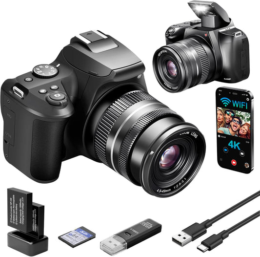 4K Digital Camera for Photography with WiFi, 10X Optical Zoom Vlogging Camera for YouTube 64MP Autofocus Compact Camera with 64GB SD Card 2 Batteries, USB Card Reader & Charging Stand