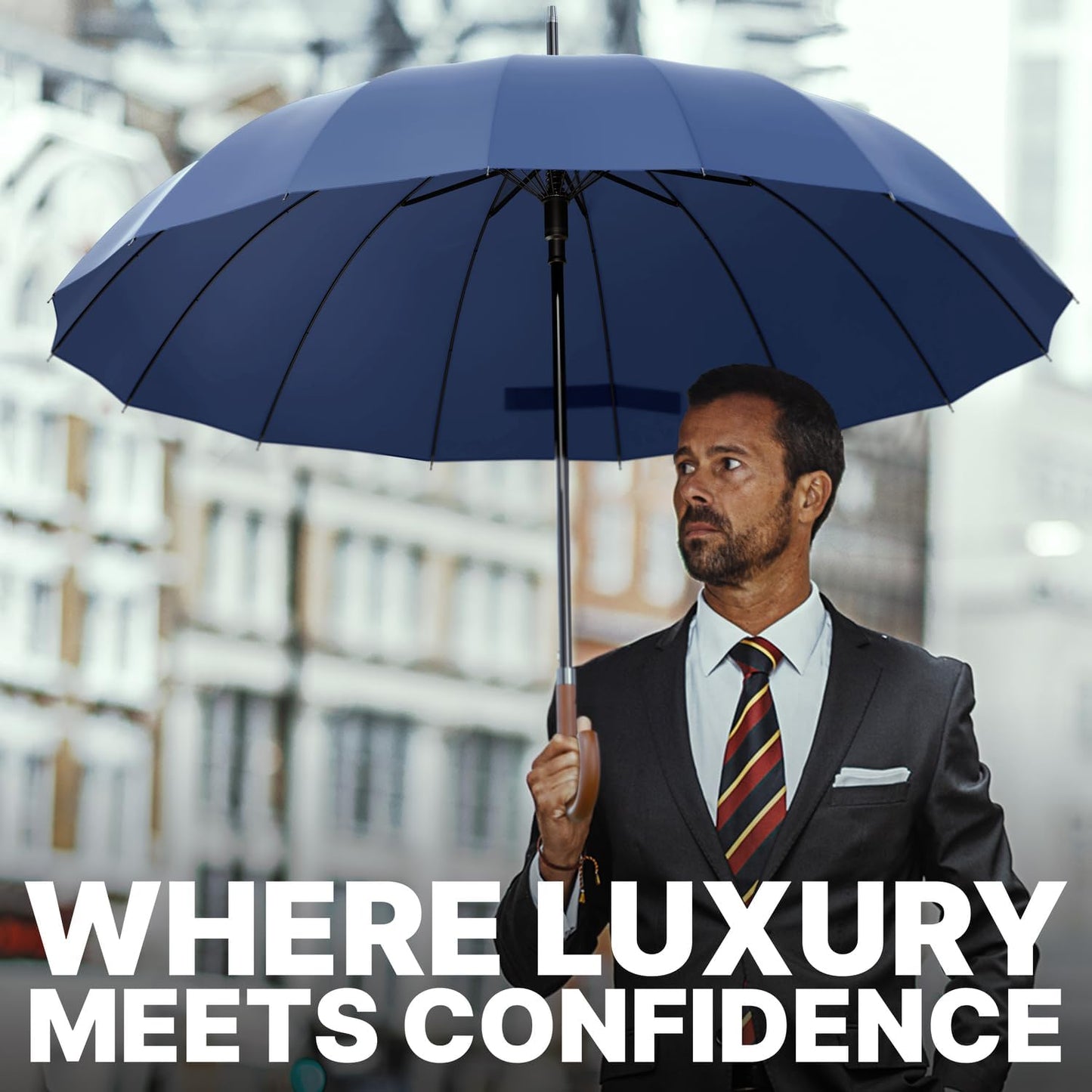 Royal Walk Windproof Large Umbrella for Rain 54 Inch Automatic Open for 2 Persons Wind Resistant Big Golf Umbrellas for Adult Men Women Classic Wooden Handle Fast Drying Strong 16 Ribs Travel 120cm