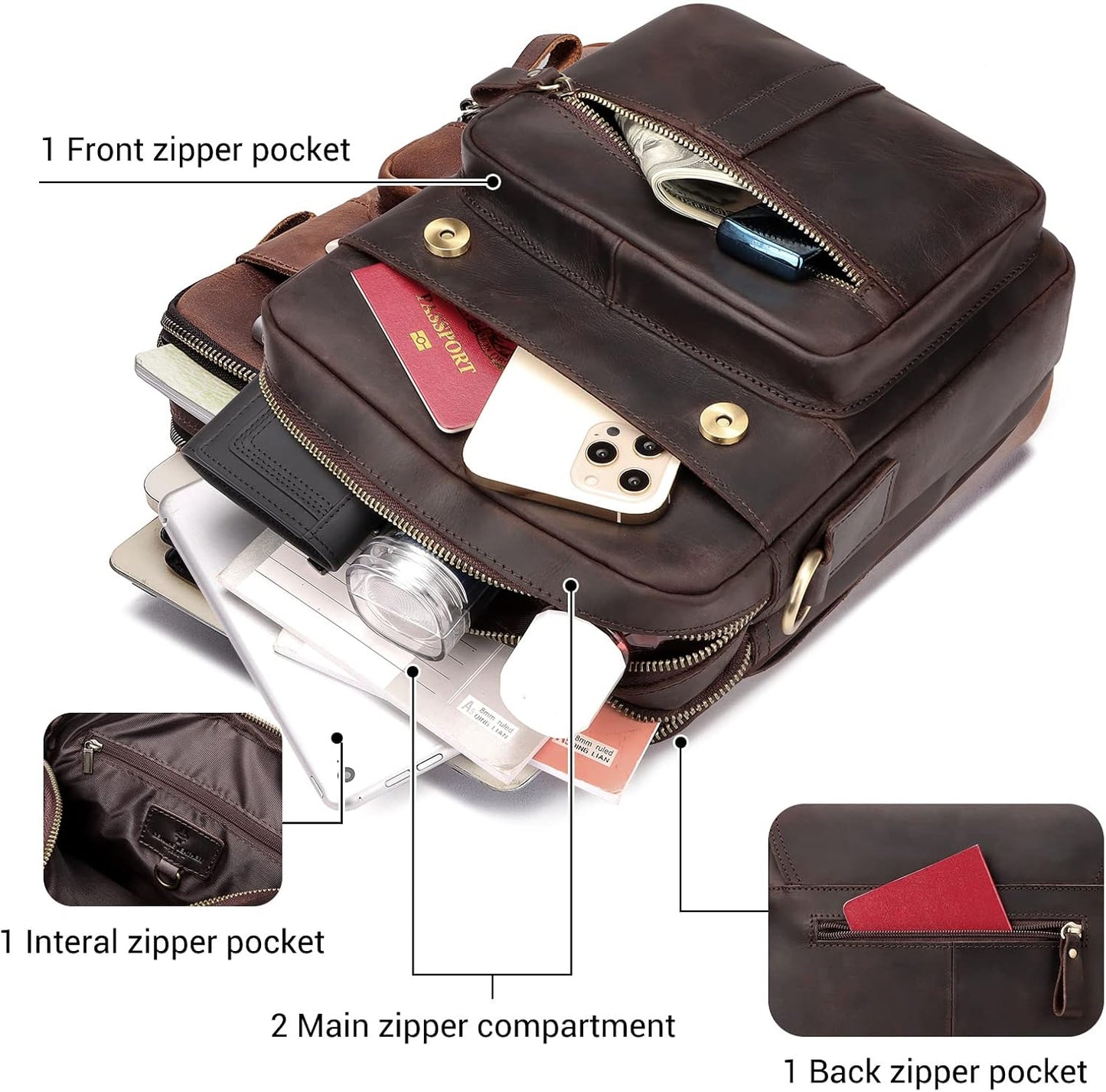 Leather Messenger Bag for Men, Shoulder Crossbody Bag with Adjustable Straps for Work Business