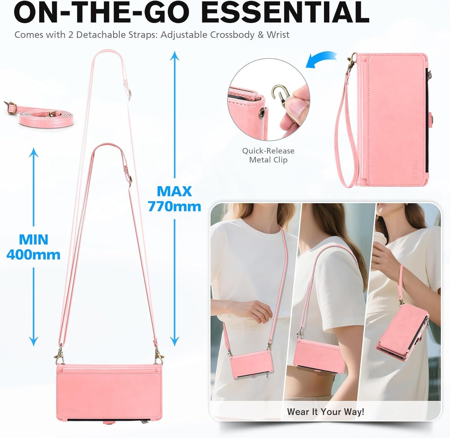 TUCCH Detachable Crossbody Wallet Case for iPhone Air 6.5", 9 Card Slots RFID Blocking | Stand | Lanyard Wrist Strap | Wireless Charging | Zipper Pocket | PU Leather Magnetic Flip Cover | Rose Gold