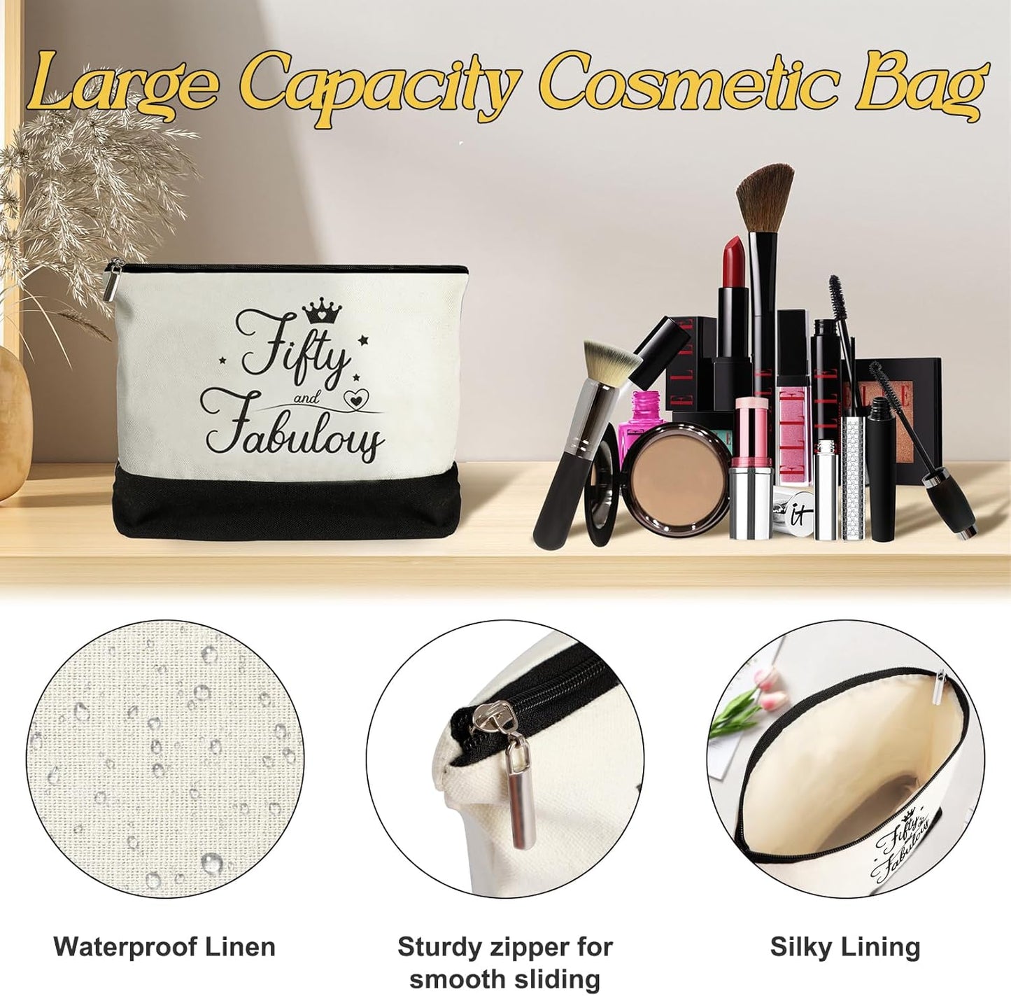 50th Birthday Gifts for Women 50 and Fabulous Canvas Tote Bag Travel Gear, Unique 50 Years Old Gifts for Wife Sister Mom Aunt Friends Her, Handbag & Cosmetic Bag & 50 Birthday Poster