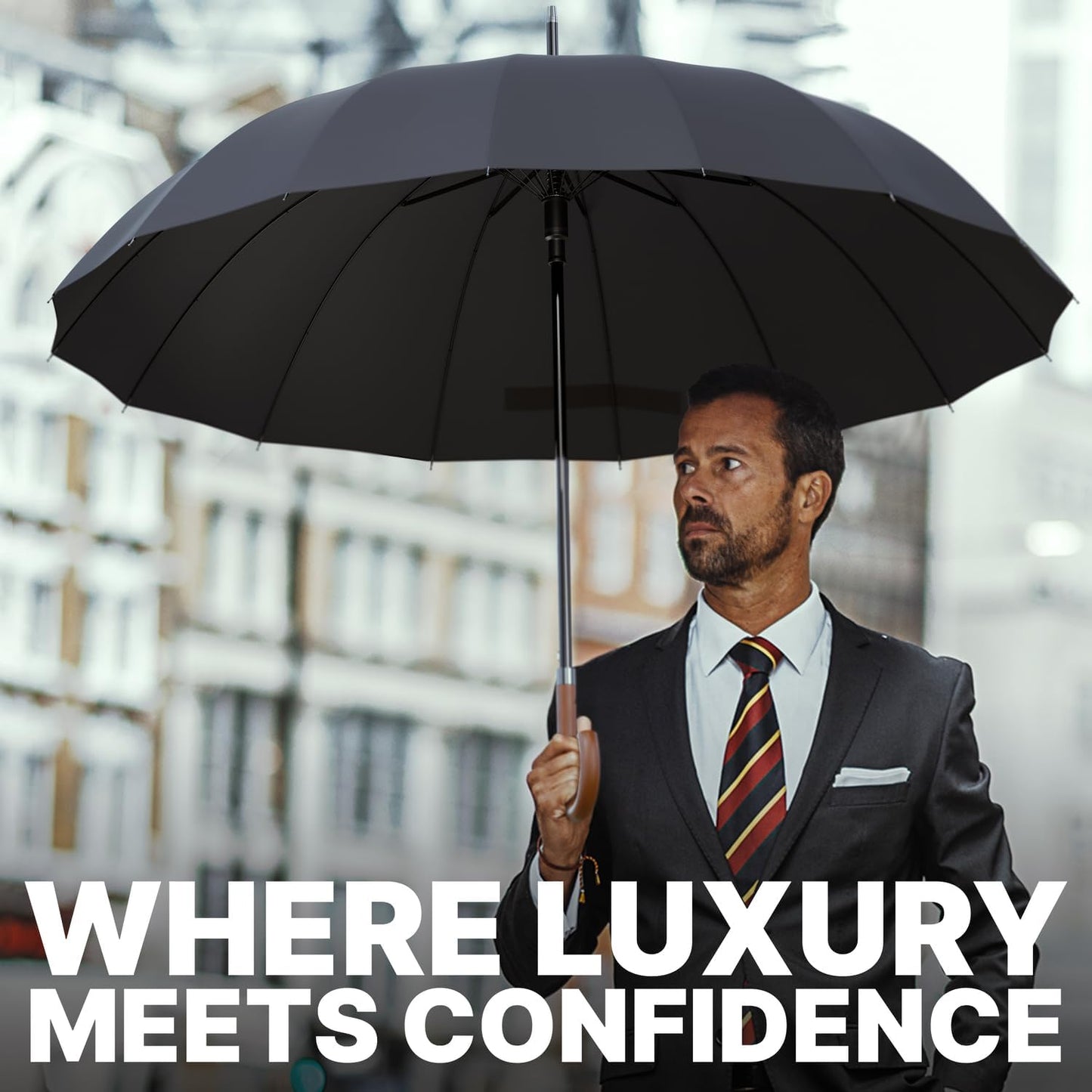 Royal Walk Windproof Large Umbrella for Rain 54 Inch Automatic Open for 2 Persons Wind Resistant Big Golf Umbrellas for Adult Men Women Classic Wooden Handle Fast Drying Strong 16 Ribs Travel 120cm