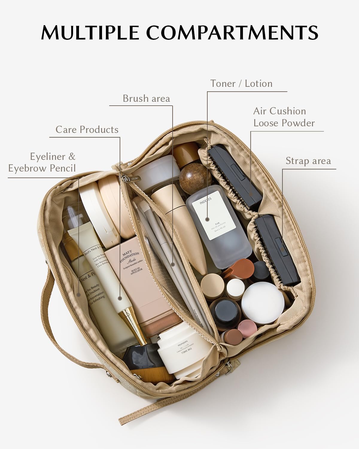 EACHY Travel Makeup Bag, Large Toiletry Bag for Women, Flat-Opening Organizer Pouch with Compartments