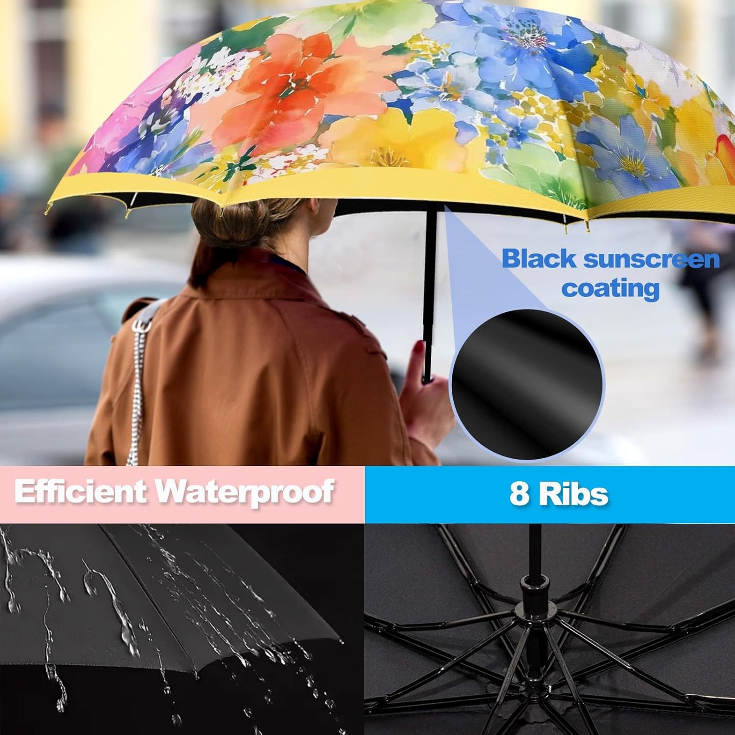 Small Travel Folding Umbrella for Girl, Portable, UV, SunShade, Compact, Automatic, Rain & Wind