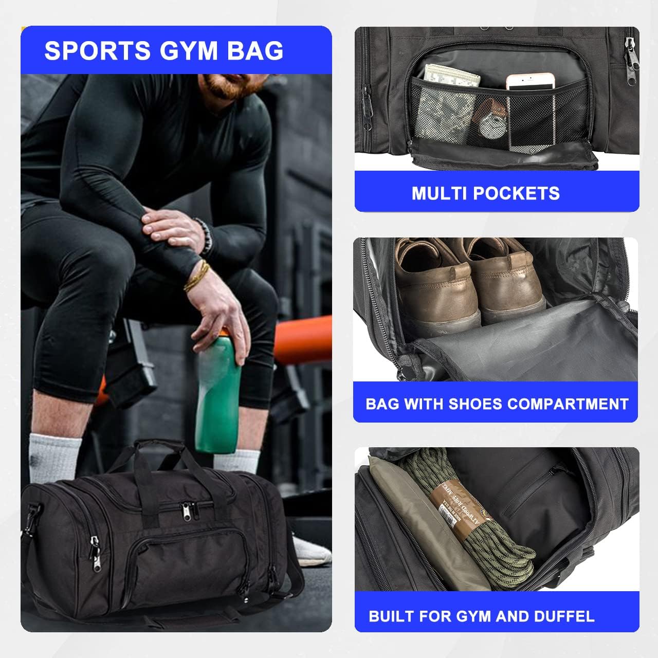 Gym Bag Duffle Bags for Men Women with Shoes Compartment Sport Weekend Travel Overnight Carry On Bag for Tactical Military Travel Work Out Bags (Black)