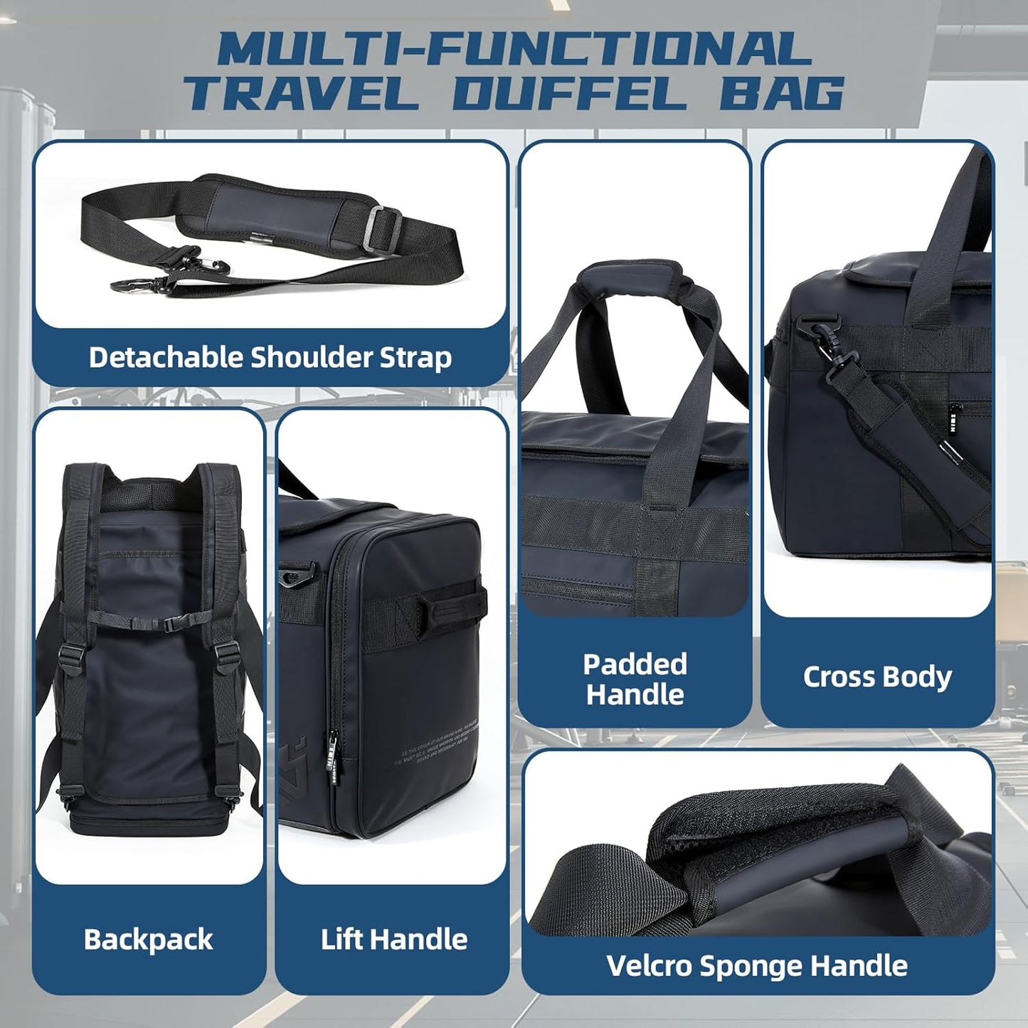 Duffle Backpack Heavy Duty Gym Bag for Men, 50L Convertible Travel Duffel Water Resistant Large Hand Bag for Sport Weekend, Black