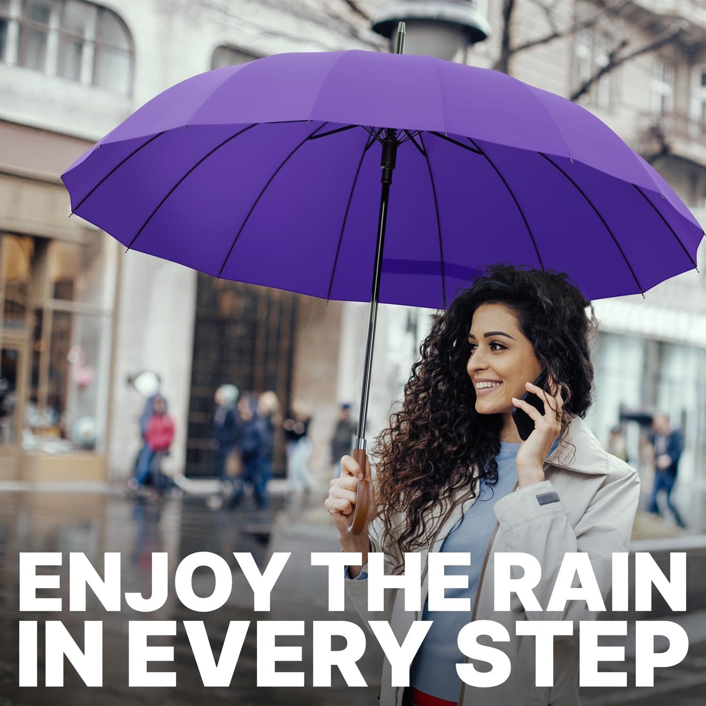 Royal Walk Windproof Large Umbrella for Rain 54 Inch Automatic Open for 2 Persons Wind Resistant Big Golf Umbrellas for Adult Men Women Classic Wooden Handle Fast Drying Strong 16 Ribs Travel 120cm