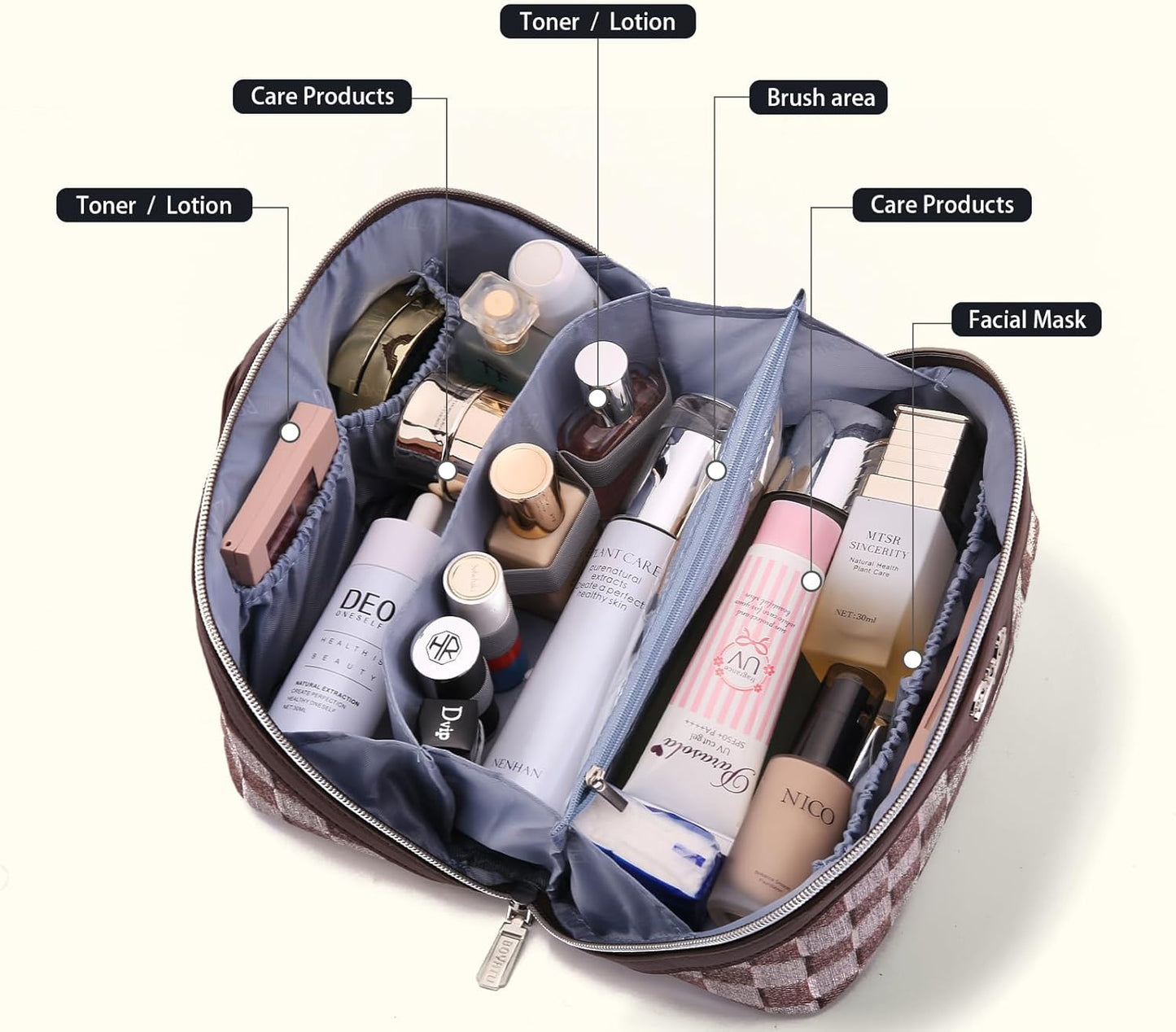 BOYATU Travel Makeup Bag for Women: Large Cosmetic Bag Set of 3 - PU Leather Make up Bag with Compartments - Compact Waterproof Toiletry Bag with Divider & Handle (D-3-Brown)