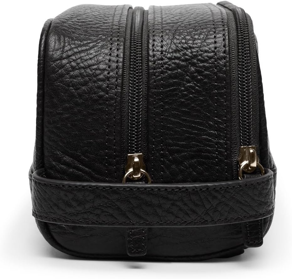 Leatherology Premium Ebony Leather Toiletry Bag – Small Double Zip Dopp Kit – Full Grain Leather Travel Organizer with Water-Resistant Lining – Compact Grooming Bag for Men or Women