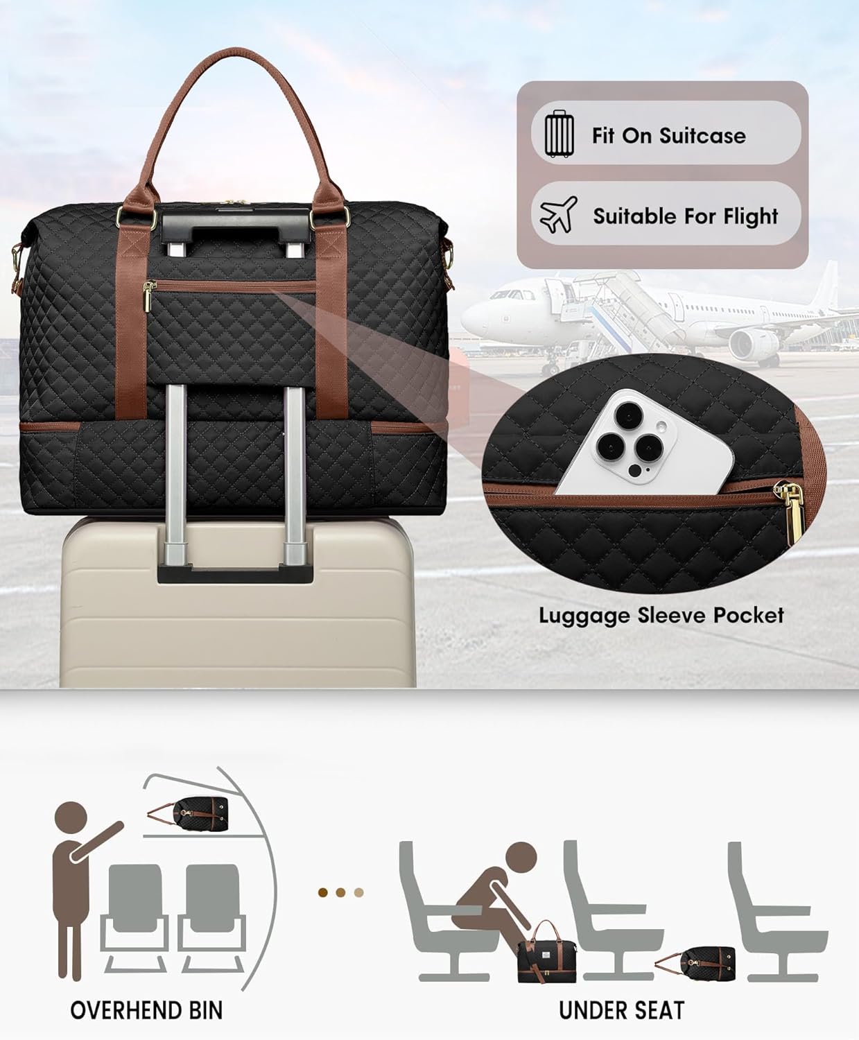 Travel Weekender Bags for Women Duffle - Carry on Overnight Bag with Shoe Compartment & Toiletry Gym Duffel Bags with Wet Pocket Hospital for Labor and Delivery Black Brown