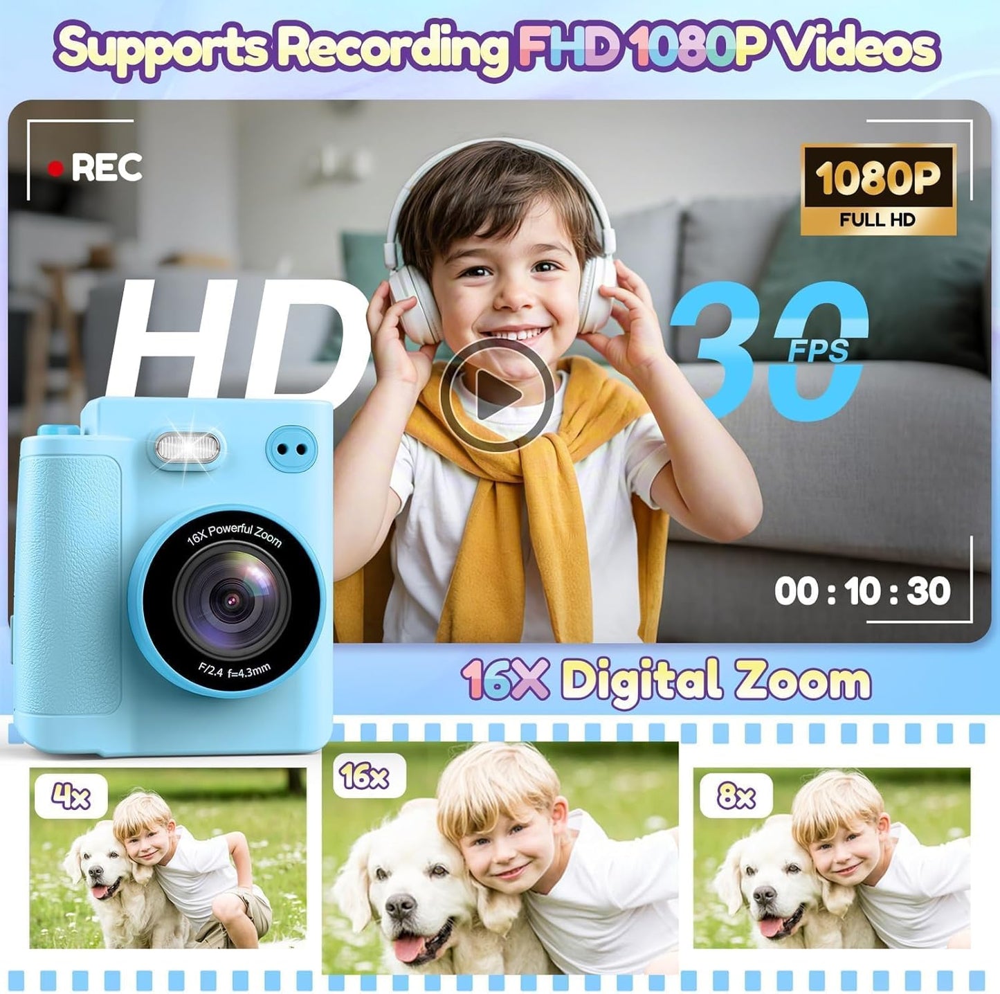 Kids Camera Gift for Boys Girls: Digital Camera Instant Print Support Dual HD Video Toys for Kids Teen Boys Girls Ages 3 4 5 6 7 8 9 10 11 12 Birthday Christmas Valentines Gifts with 32G SD Card Blue