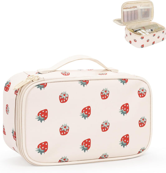 Relavel Makeup Bag, Small Makeup Bag for Women, Travel Cosmetic Bag, 2 Layers Waterproof Makeup Organizer Storage with Makeup Brush Holder, White Straberry